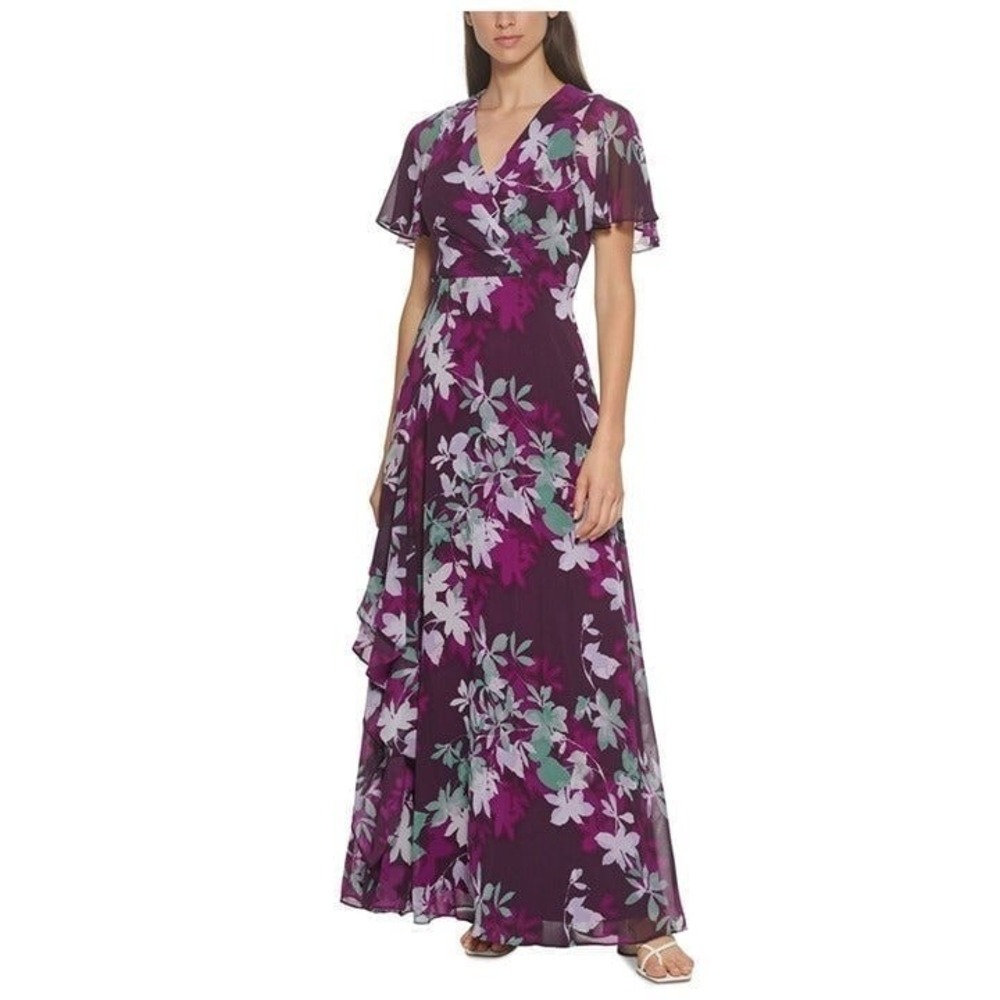 Calvin Klein Maxi Dress 6 Purple Floral Flutter Sleeve Faux Wrap Formal Party
